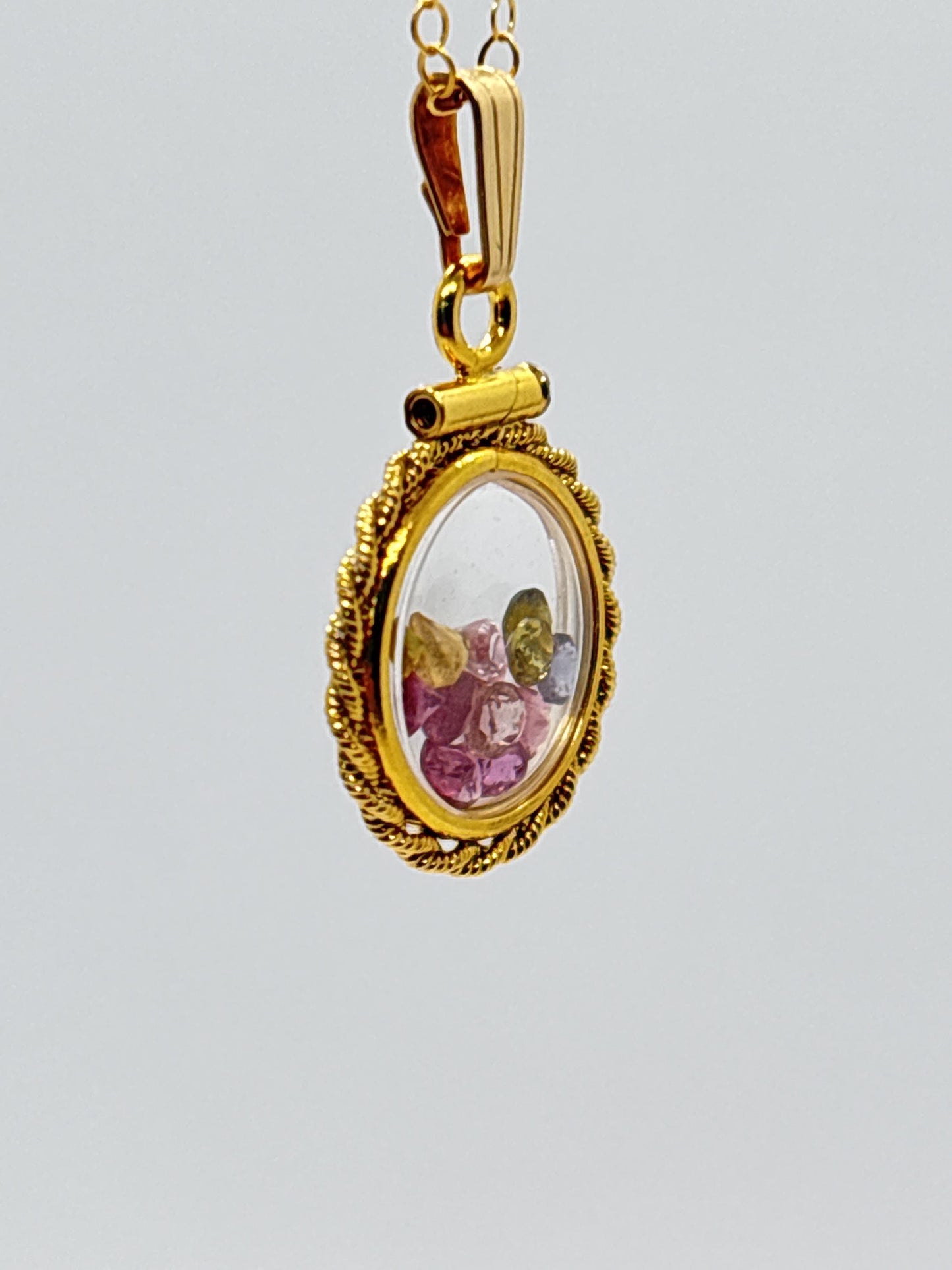 Handmade 12.5 mm 14k gold filled Gemstone Shaker Locket with twisted Rope edge bezel, 0.75 cttw. Multicolored Tourmaline, October Birthstone