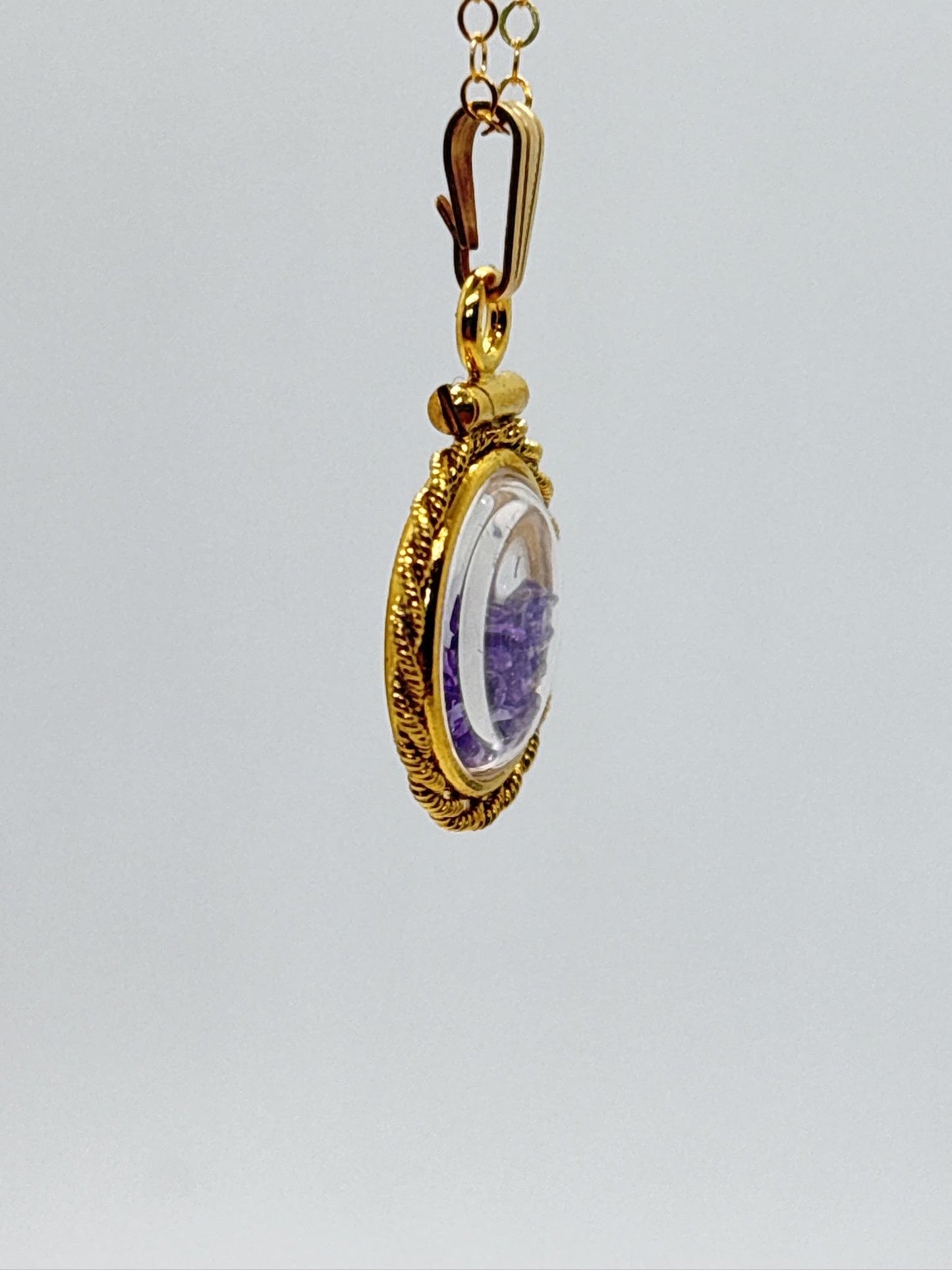 Handmade 12.5 mm 14k gold filled Genuine Gemstone Shaker Locket with twisted Rope edge bezel, 0.75 cttw. Amethyst, February Birthstone
