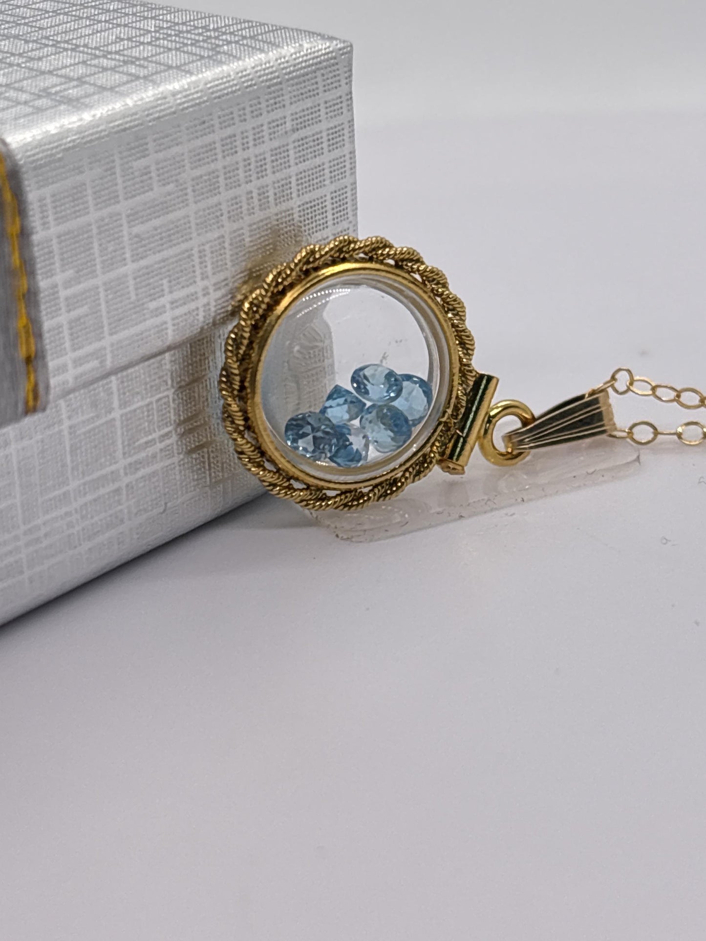Handmade 12.5 mm 14k gold filled Gemstone Shaker Locket with twisted Rope edge bezel, 0.75 cttw. London Blue Topaz, December Birthstone
