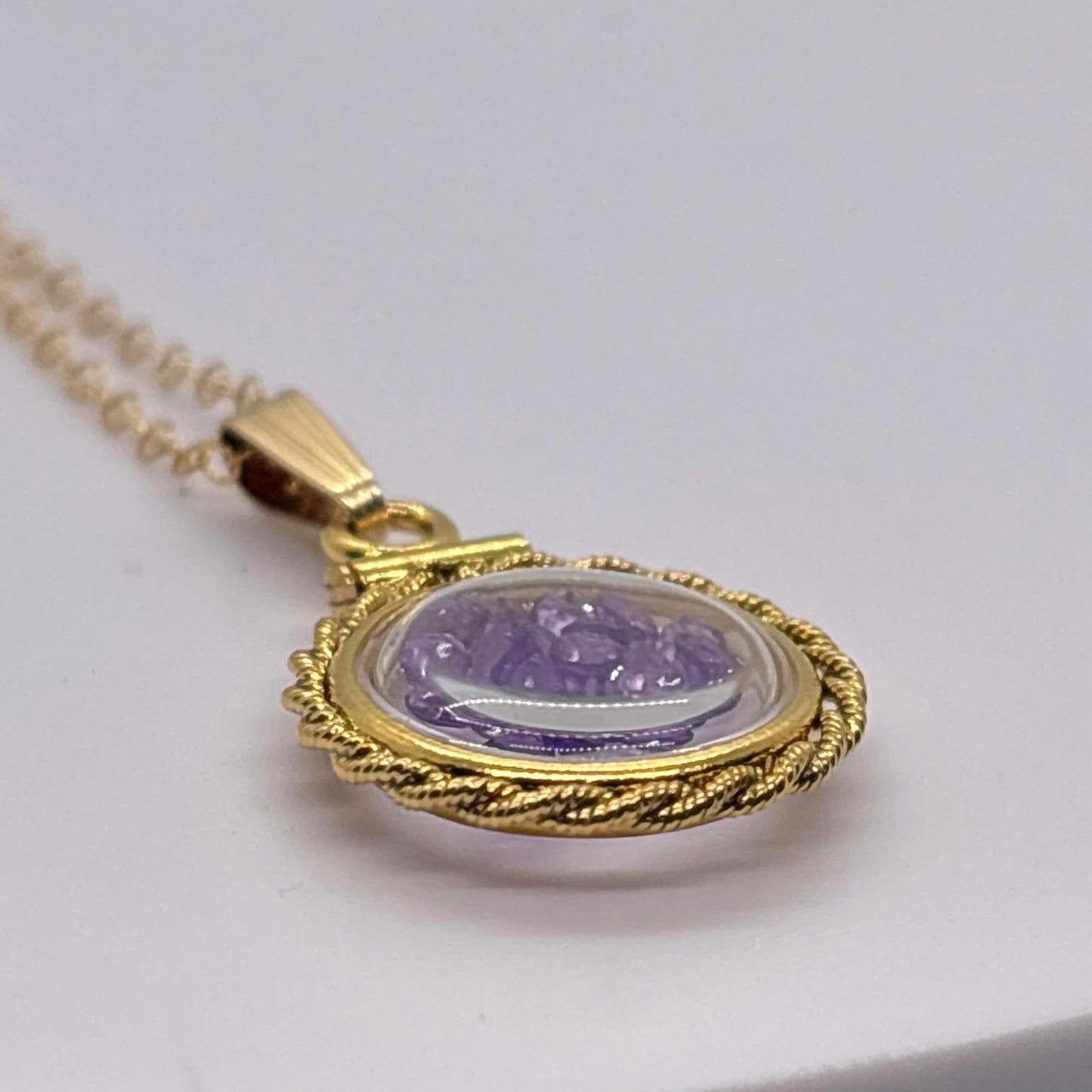 Handmade 12.5 mm 14k gold filled Genuine Gemstone Shaker Locket with twisted Rope edge bezel, 0.75 cttw. Amethyst, February Birthstone