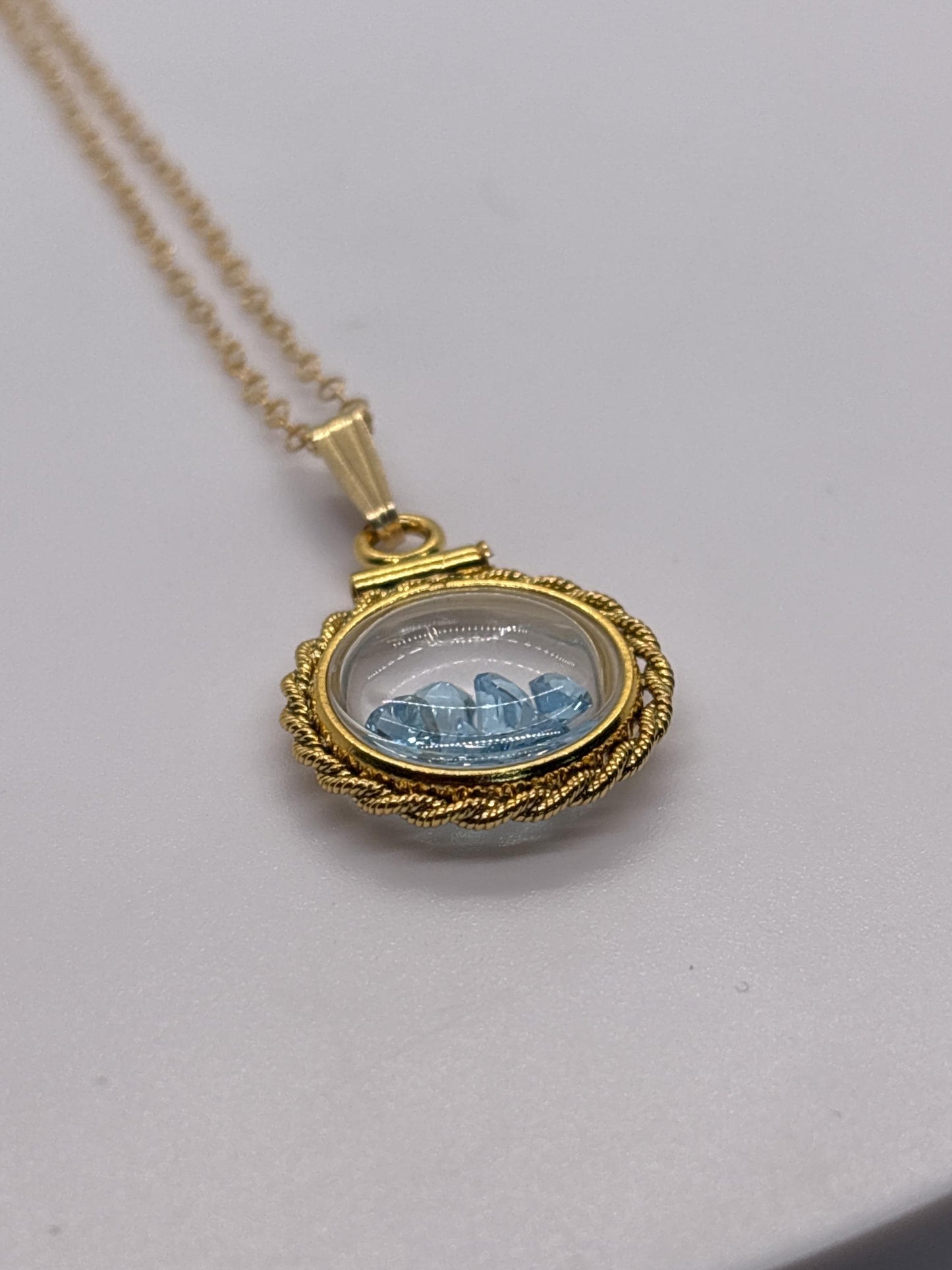Handmade 12.5 mm 14k gold filled Gemstone Shaker Locket with twisted Rope edge bezel, 0.75 cttw. London Blue Topaz, December Birthstone
