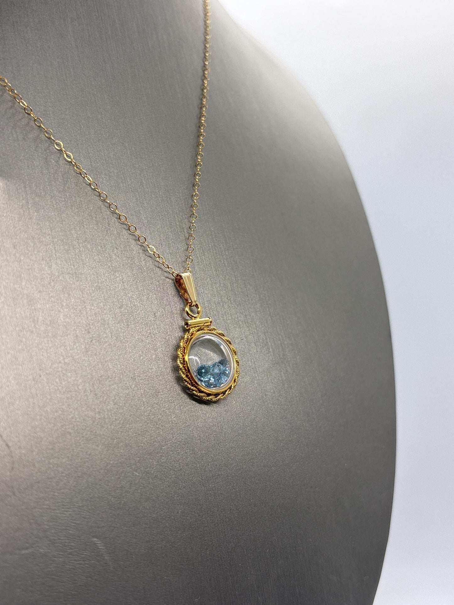 Handmade 12.5 mm 14k gold filled Gemstone Shaker Locket with twisted Rope edge bezel, 0.75 cttw. London Blue Topaz, December Birthstone