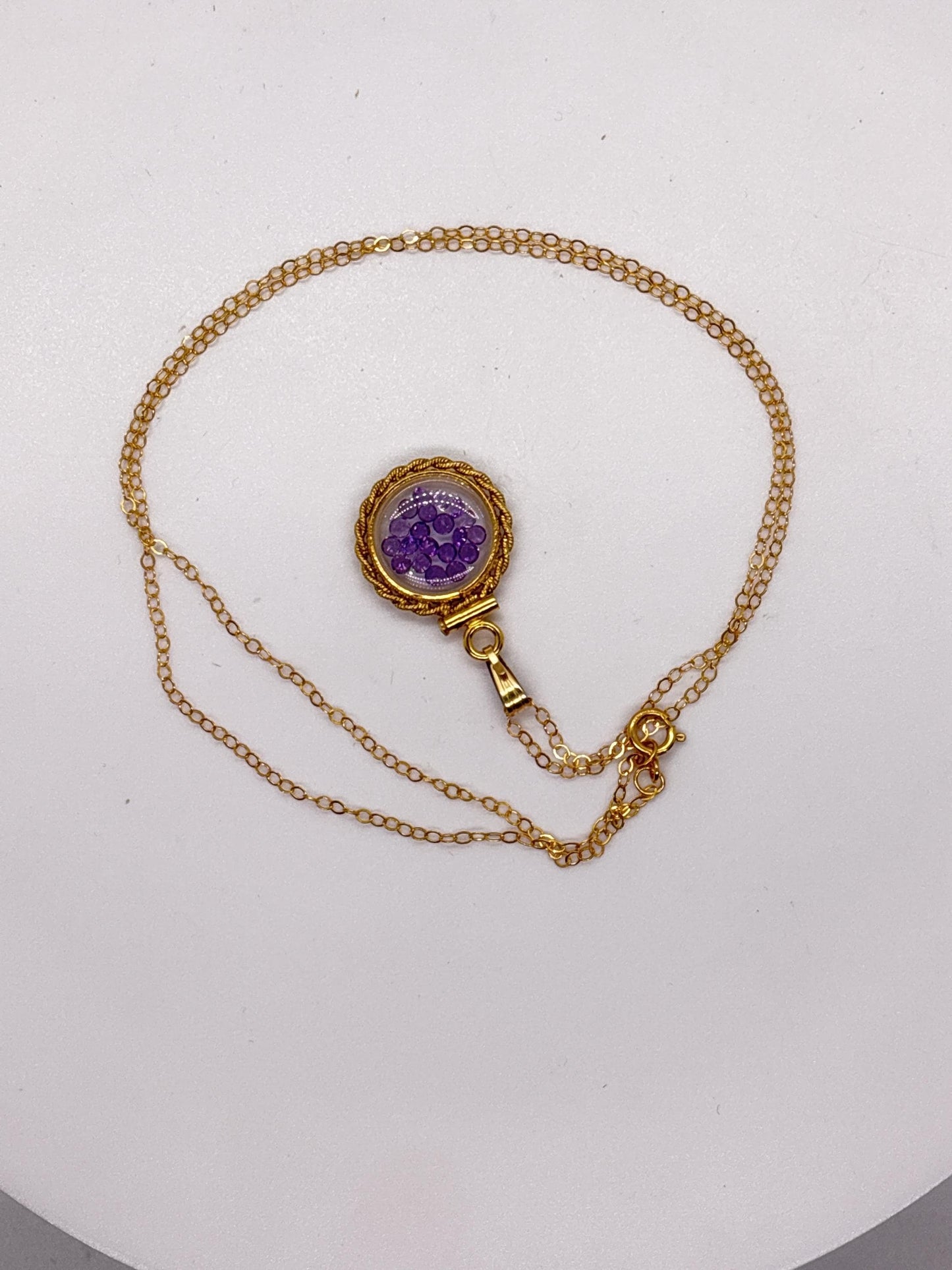 Handmade 12.5 mm 14k gold filled Genuine Gemstone Shaker Locket with twisted Rope edge bezel, 0.75 cttw. Amethyst, February Birthstone