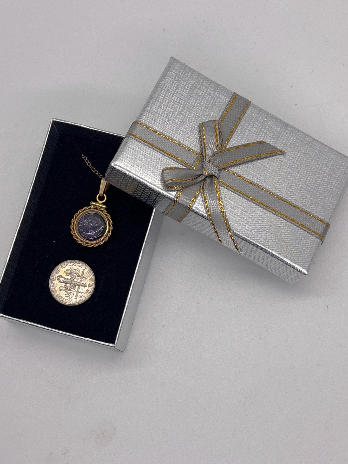 Handmade 12.5 mm 14k gold filled Genuine Gemstone Shaker Locket with twisted Rope edge bezel, 0.75 cttw. Amethyst, February Birthstone