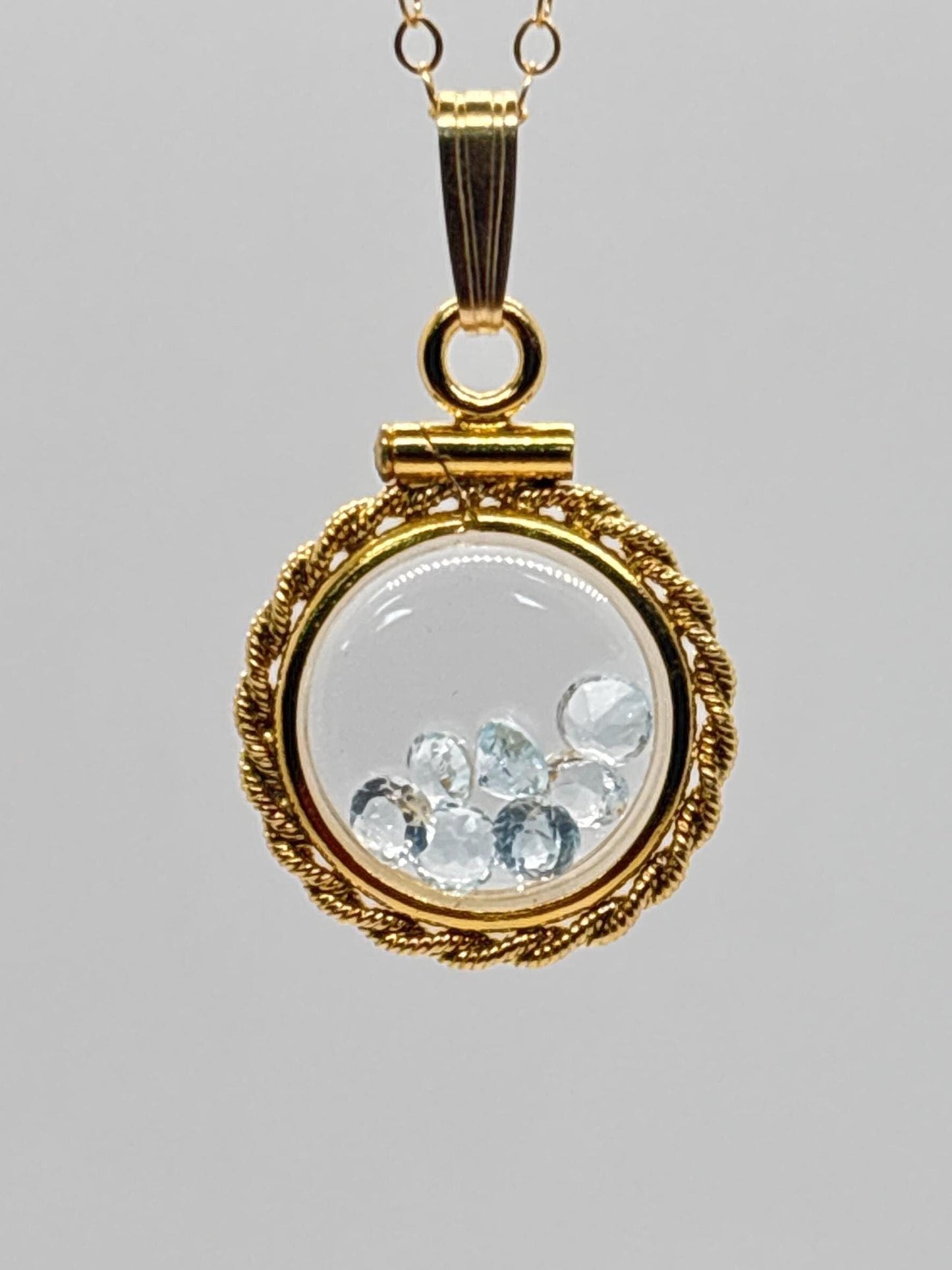 Handmade 12.5 mm 14k gold filled Gemstone Shaker Locket with twisted Rope edge bezel, 0.75 cttw. Sky Blue Topaz, Birthstone December