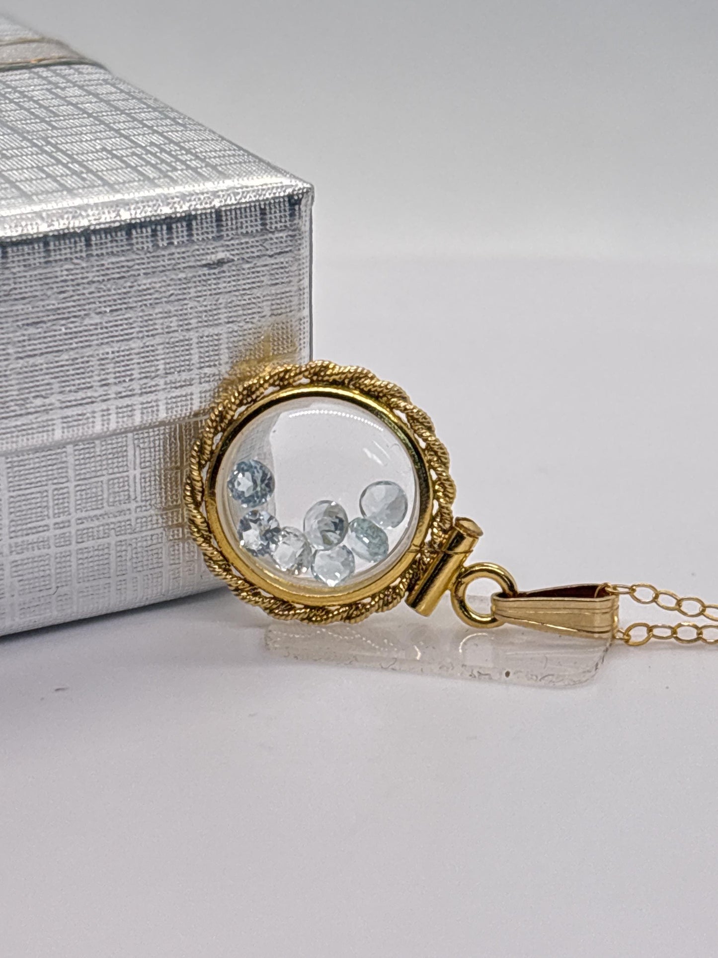 Handmade 12.5 mm 14k gold filled Gemstone Shaker Locket with twisted Rope edge bezel, 0.75 cttw. Sky Blue Topaz, Birthstone December
