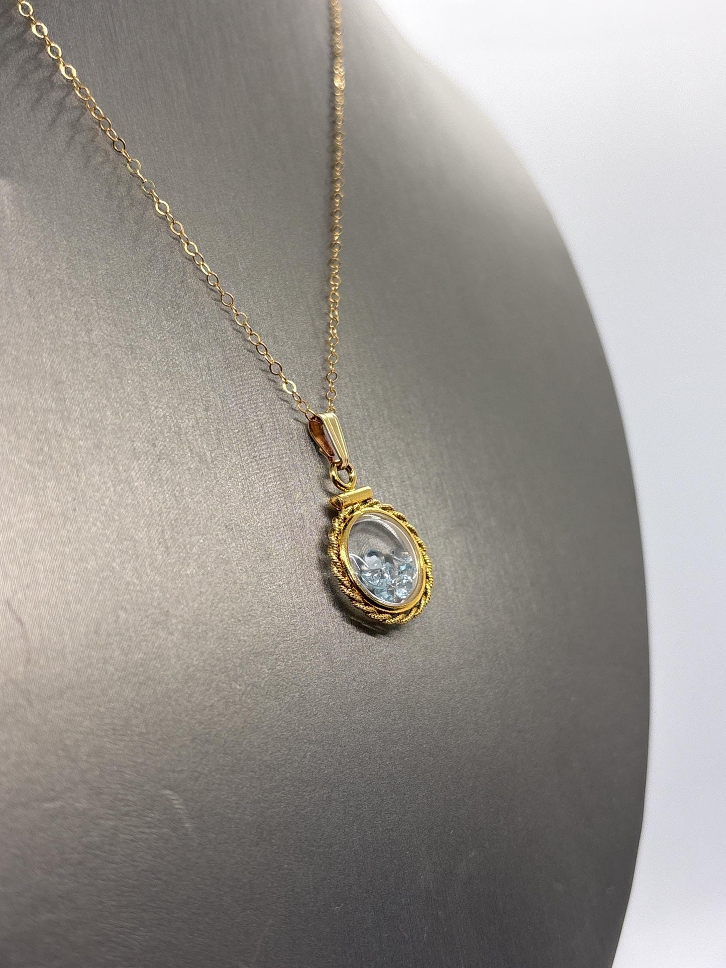 Handmade 12.5 mm 14k gold filled Gemstone Shaker Locket with twisted Rope edge bezel, 0.75 cttw. Sky Blue Topaz, Birthstone December