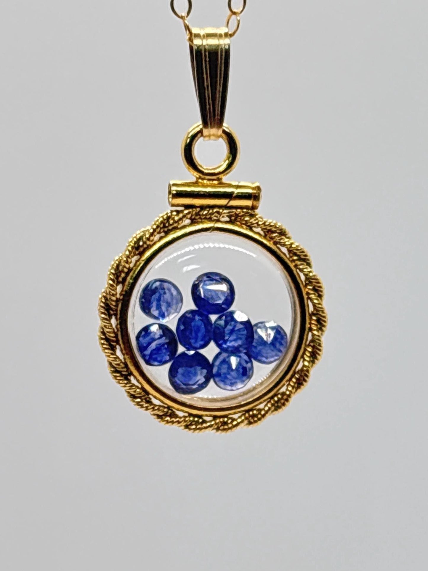 Handmade 12.5 mm 14k gold filled Gemstone Shaker Locket with twisted Rope edge bezel, 0.75 cttw. Blue Saphire, Birthstone September