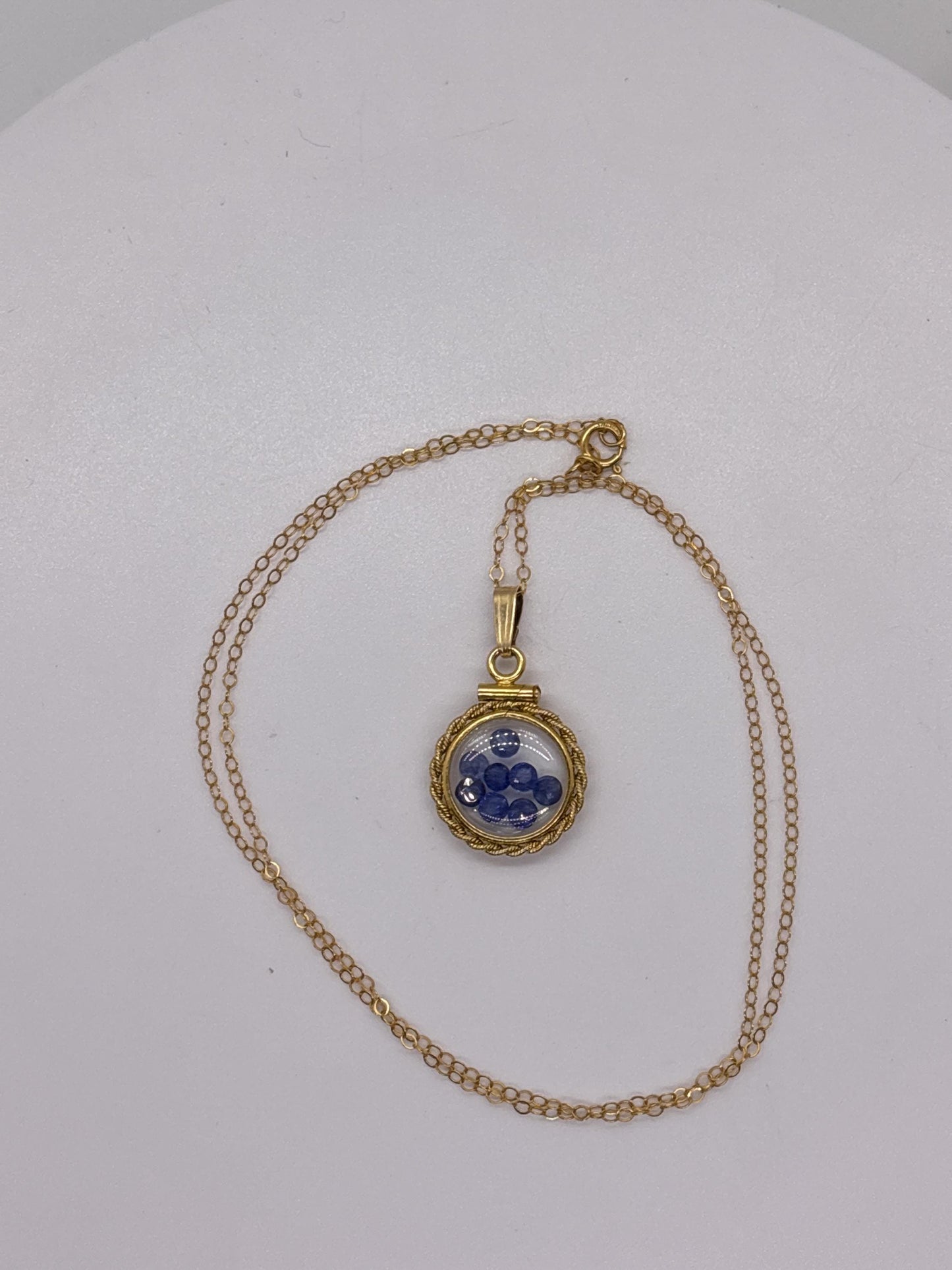 Handmade 12.5 mm 14k gold filled Gemstone Shaker Locket with twisted Rope edge bezel, 0.75 cttw. Blue Saphire, Birthstone September