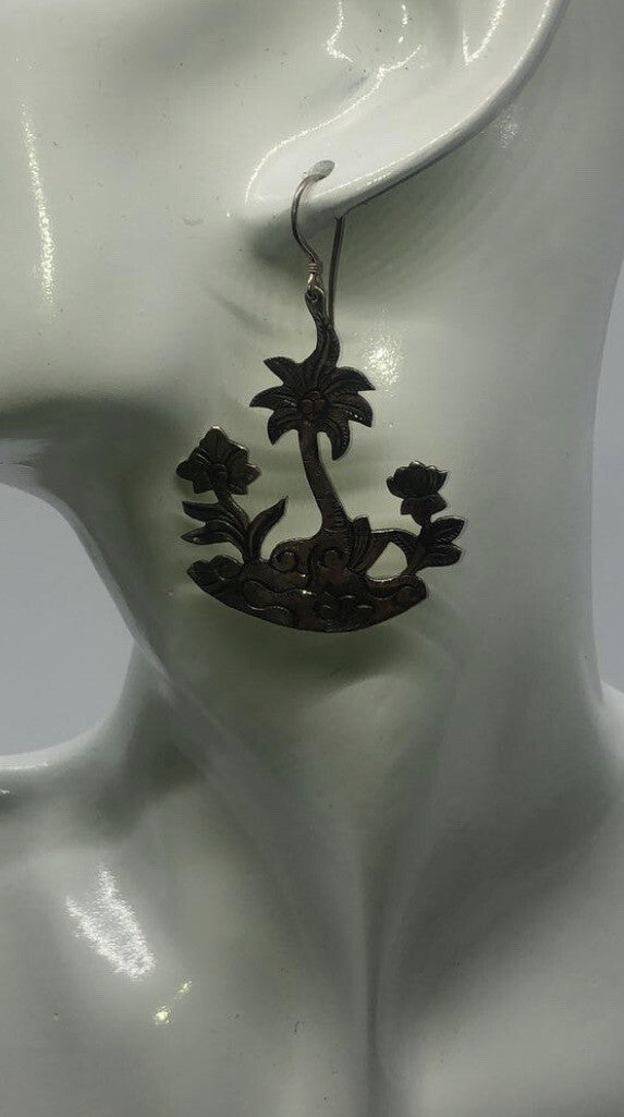 Large handmade silver earrings, gold wash, Indonesia,new old stock Palm trees