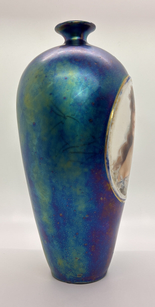 Antique 1920-30s Iridescent Blue Portrait Art Nouveau Woman Photo Glass Vase