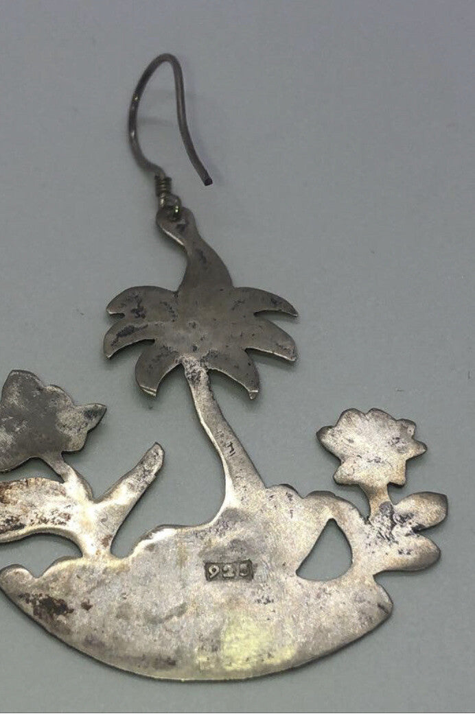 Large handmade silver earrings, gold wash, Indonesia,new old stock Palm trees