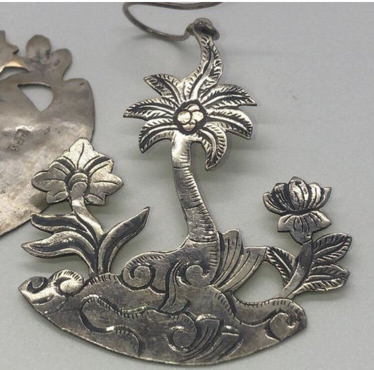 Large handmade silver earrings, gold wash, Indonesia,new old stock Palm trees