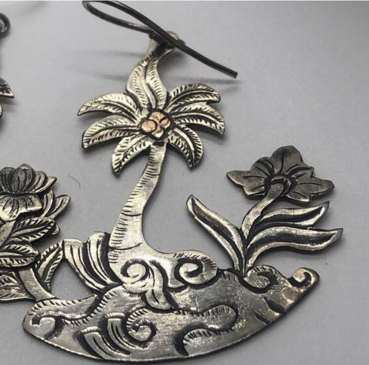Large handmade silver earrings, gold wash, Indonesia,new old stock Palm trees