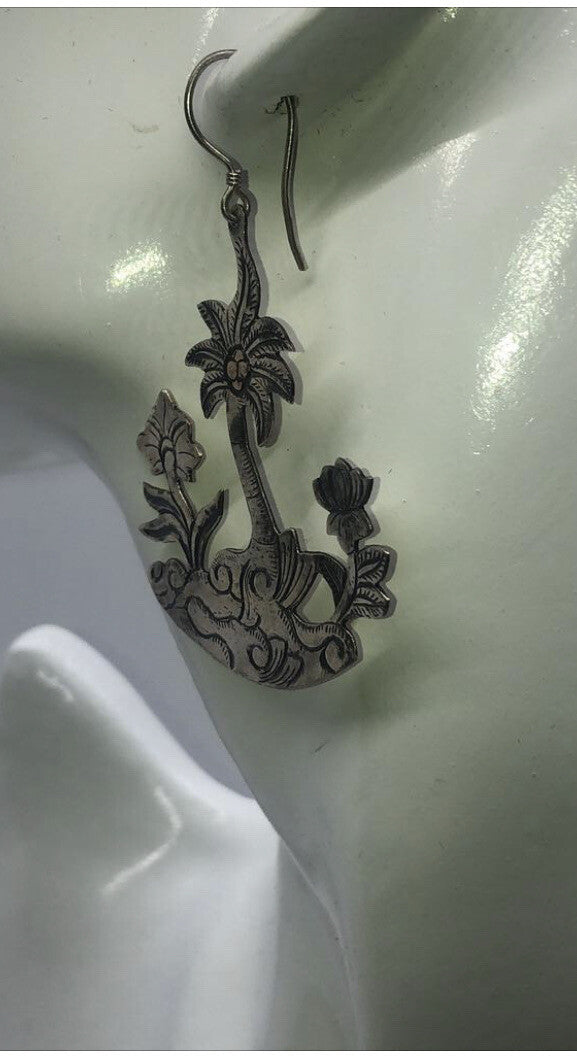 Large handmade silver earrings, gold wash, Indonesia,new old stock Palm trees