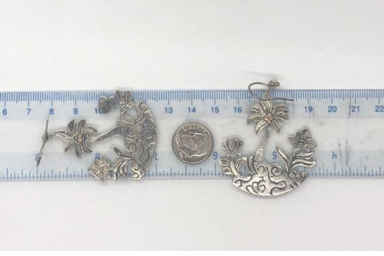 Large handmade silver earrings, gold wash, Indonesia,new old stock Palm trees