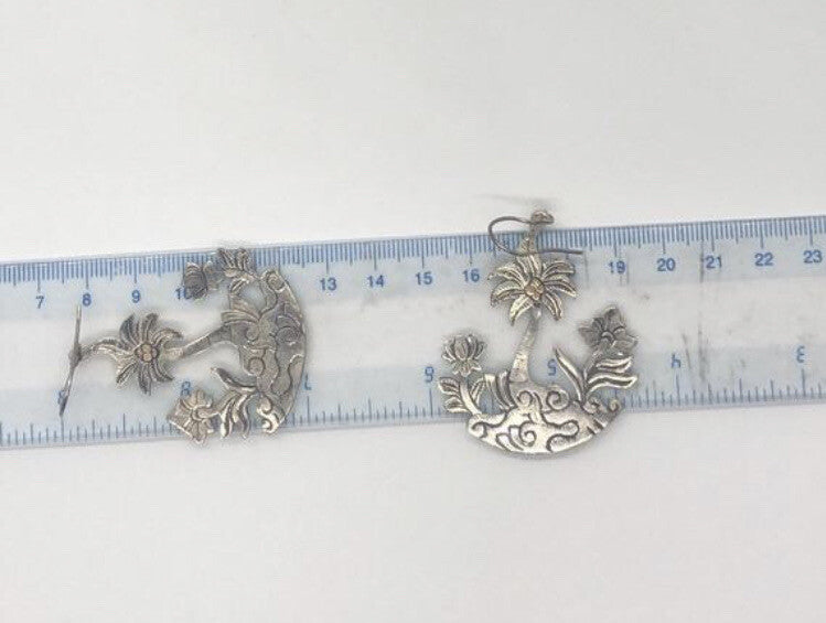 Large handmade silver earrings, gold wash, Indonesia,new old stock Palm trees