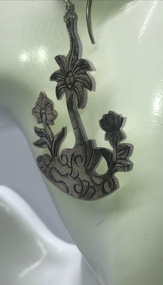Large handmade silver earrings, gold wash, Indonesia,new old stock Palm trees