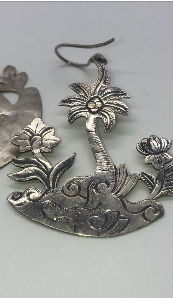Large handmade silver earrings, gold wash, Indonesia,new old stock Palm trees