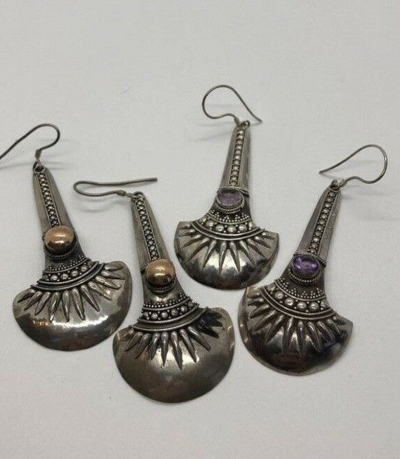 Sterling Silver Handmade Vintage Earrings, Indonesia, gold wash and amethyst
