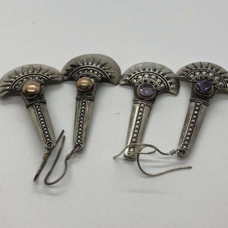 Sterling Silver Handmade Vintage Earrings, Indonesia, gold wash and amethyst