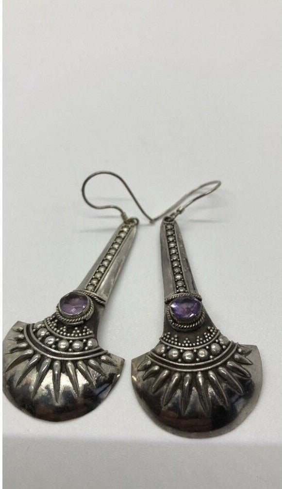 Sterling Silver Handmade Vintage Earrings, Indonesia, gold wash and amethyst
