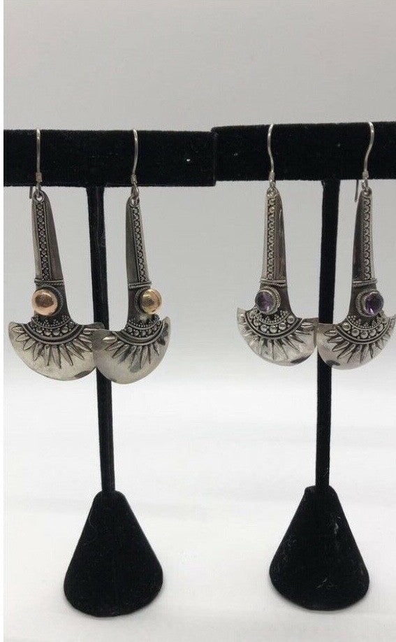 Sterling Silver Handmade Vintage Earrings, Indonesia, gold wash and amethyst