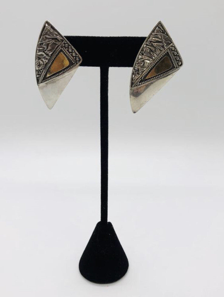Large handmade sterling silver earrings, Indonesia, with beautiful gold wash