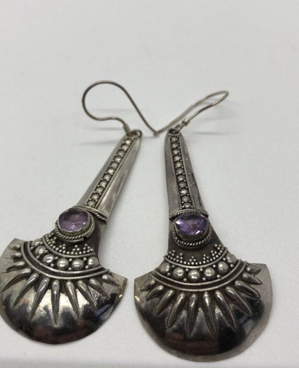 Sterling Silver Handmade Vintage Earrings, Indonesia, gold wash and amethyst