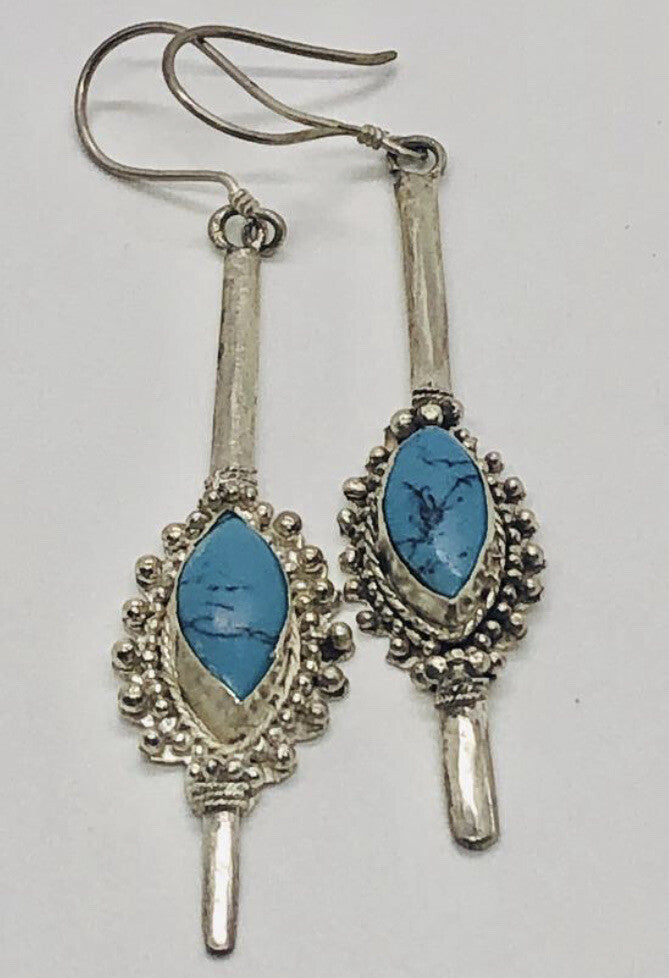 Large handmade sterling silver earring, Indonesia, unique Turquoise stone
