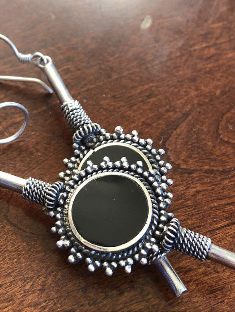 Handmade Sterling Silver Black Onyx Dangle Earrings Indonesia, Vintage old stock
