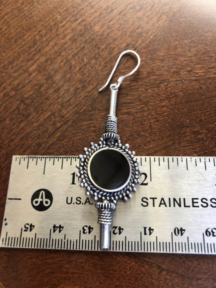 Handmade Sterling Silver Black Onyx Dangle Earrings Indonesia, Vintage old stock