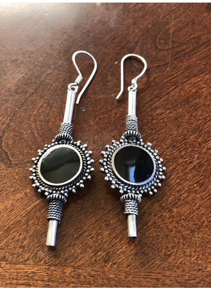Handmade Sterling Silver Black Onyx Dangle Earrings Indonesia, Vintage old stock