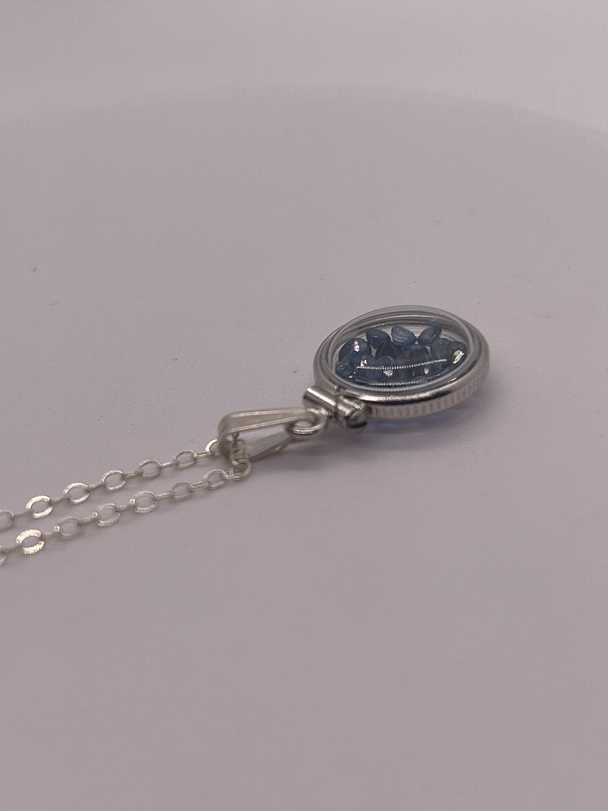 Diminutive Silver Sapphire Shaker Locket Lucite, September Birthstone. 1.4 TCW