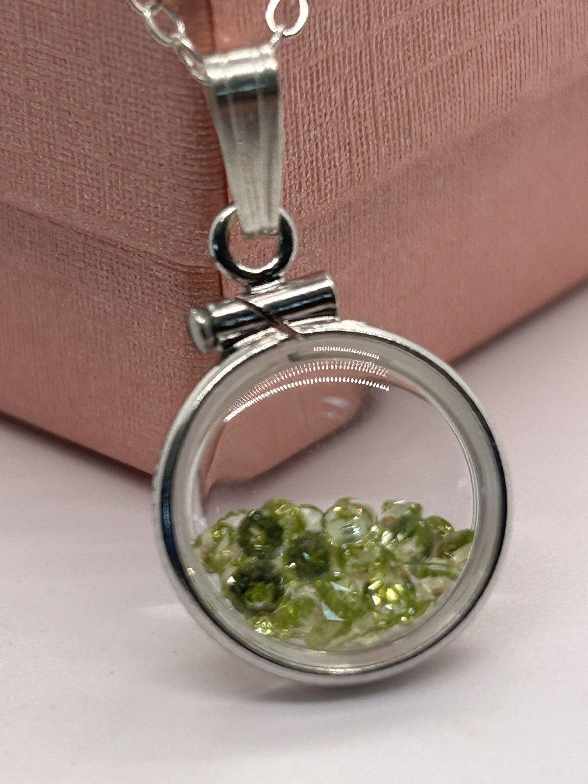 Diminutive Silver Peridot Shaker Locket Lucite, May Birthstone. 1.65 TCW