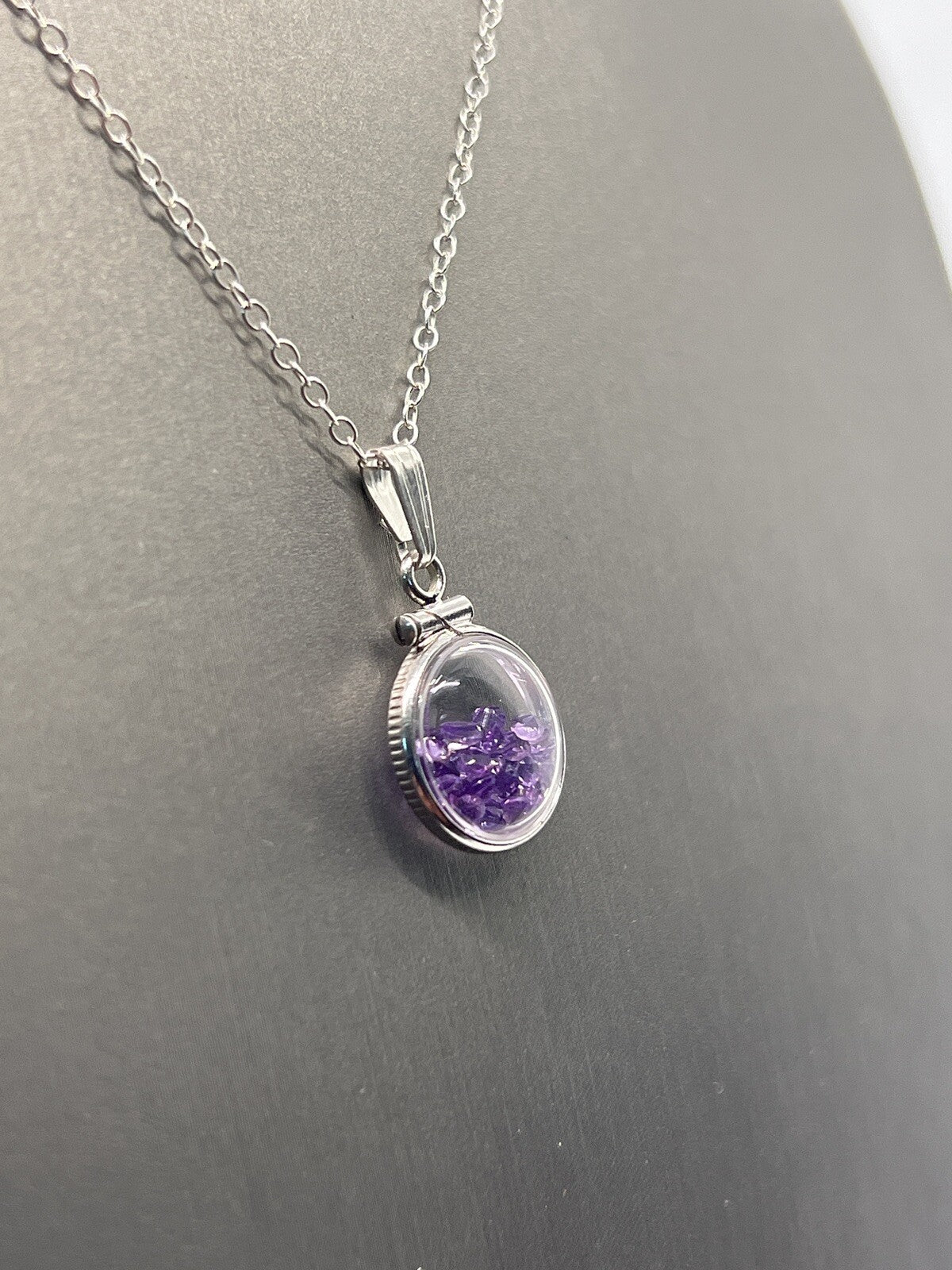 Diminutive Silver Amethyst Shaker Locket Lucite, February Birthstone. 1.2 TCW