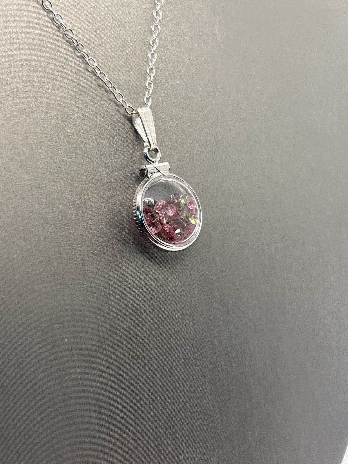 Diminutive Silver Tourmaline Shaker Locket Lucite, October Birthstone. 1.6 TCW