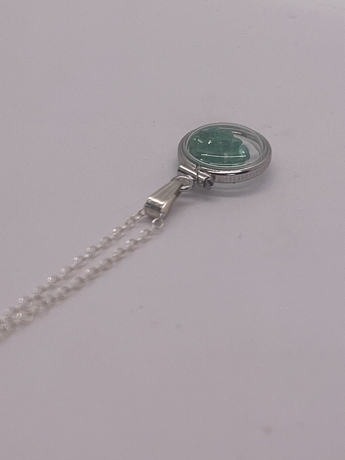 Diminutive Sterling Silver Emerald Shaker Locket Lucite, May birthstone 1.1 TCW