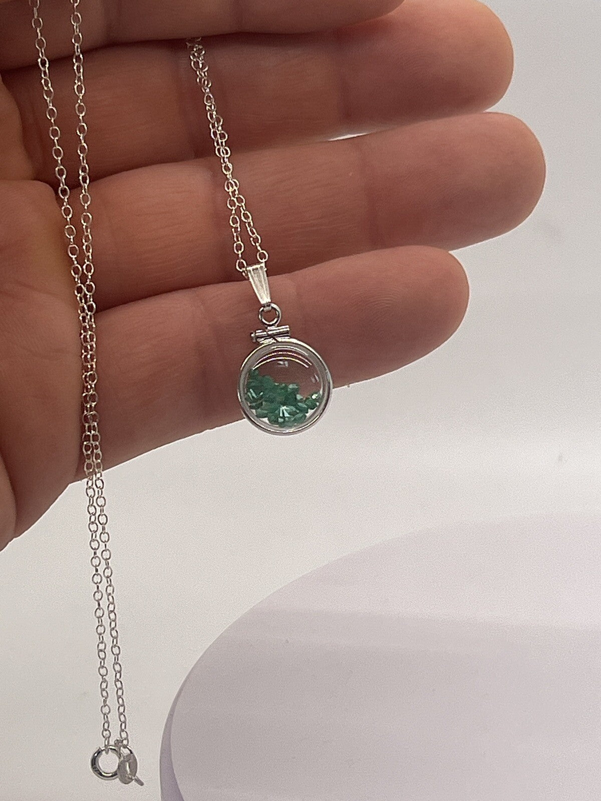 Diminutive Sterling Silver Emerald Shaker Locket Lucite, May birthstone 1.1 TCW