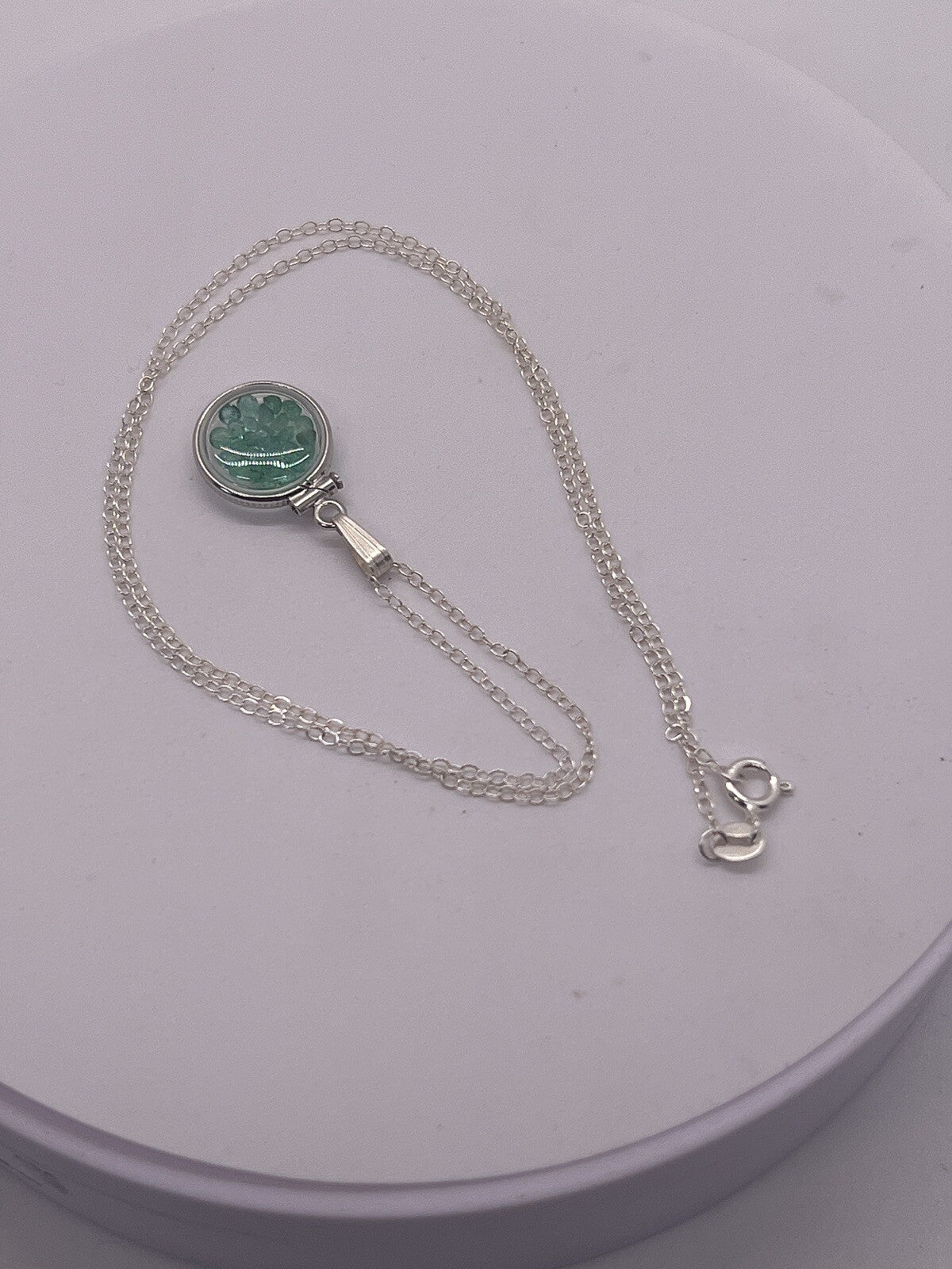Diminutive Sterling Silver Emerald Shaker Locket Lucite, May birthstone 1.1 TCW