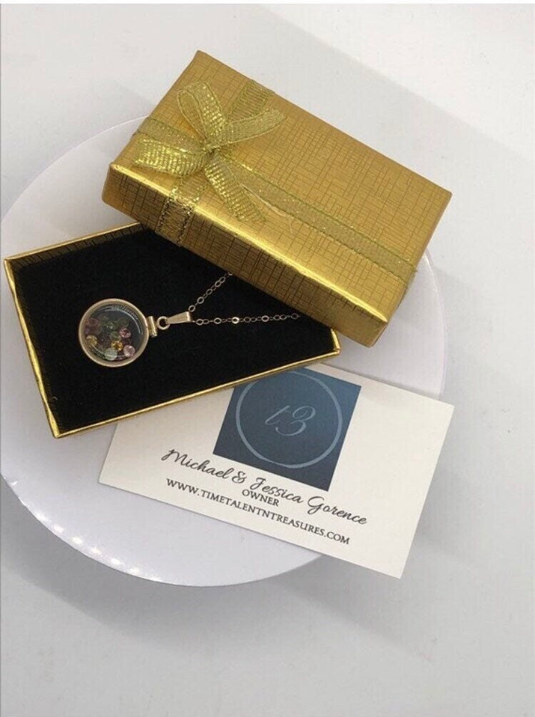 14k gold filled dime size Lucite Shaker Locket with Rubies and Peridot