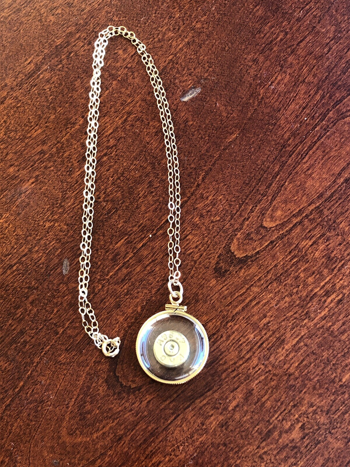 40 cal bullet necklace, back to back view locket, 14k gold filled locket-new