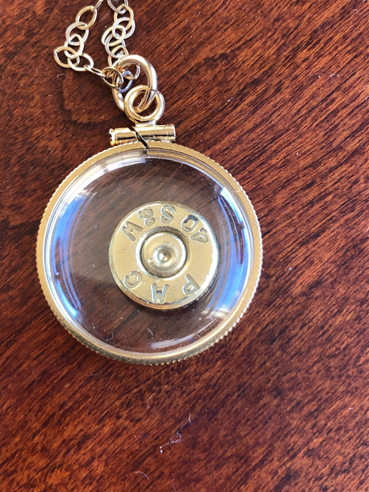 40 cal bullet necklace, back to back view locket, 14k gold filled locket-new