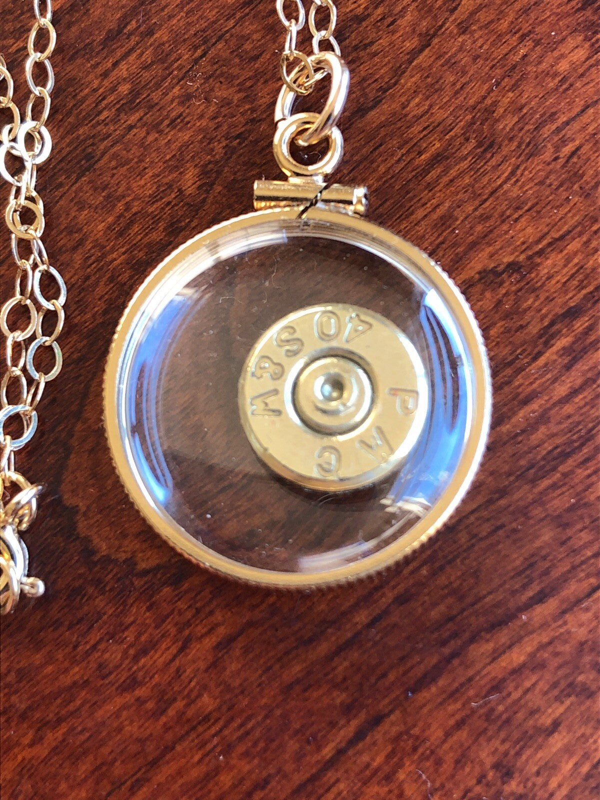 40 cal bullet necklace, back to back view locket, 14k gold filled locket-new