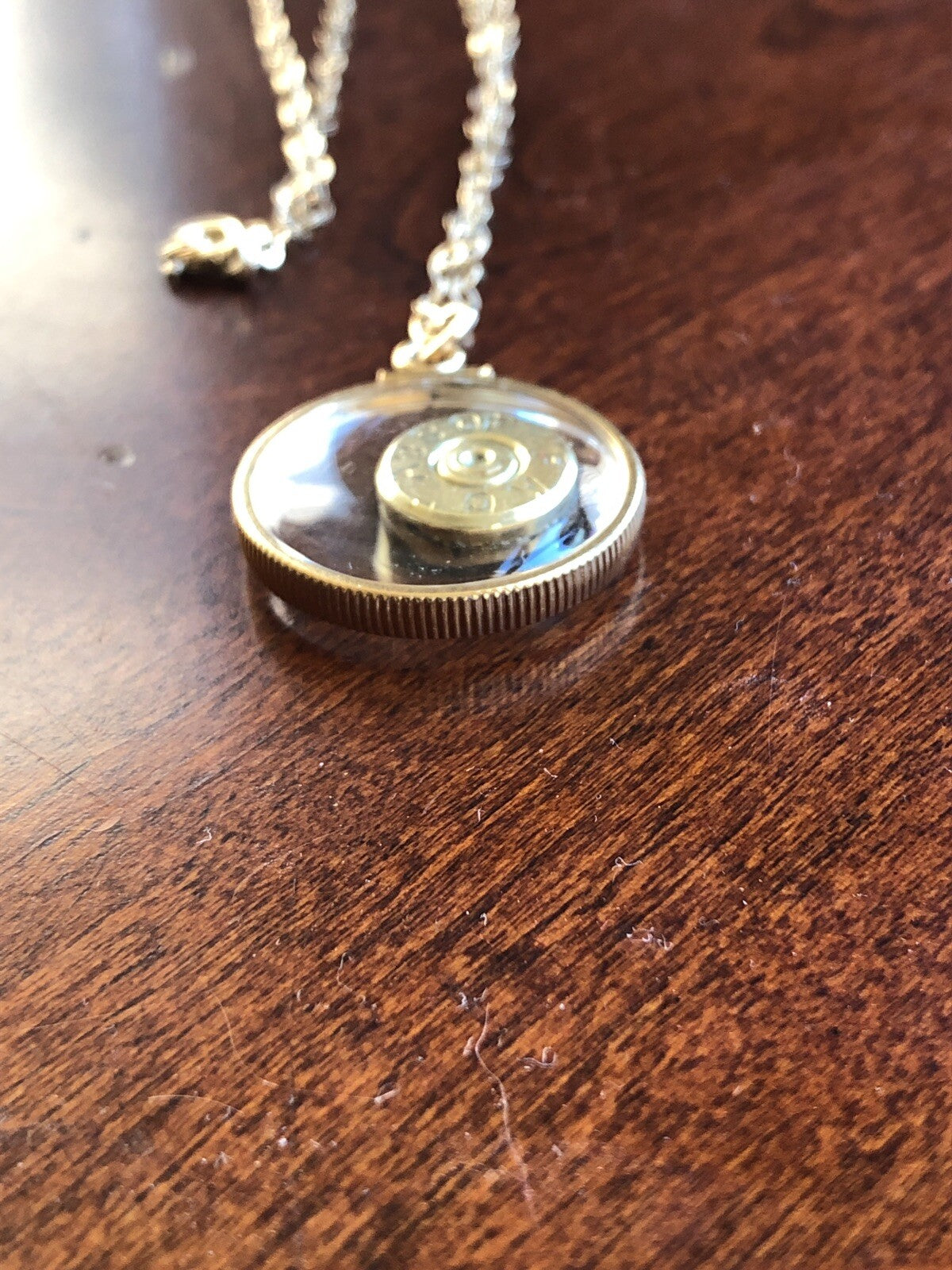 40 cal bullet necklace, back to back view locket, 14k gold filled locket-new