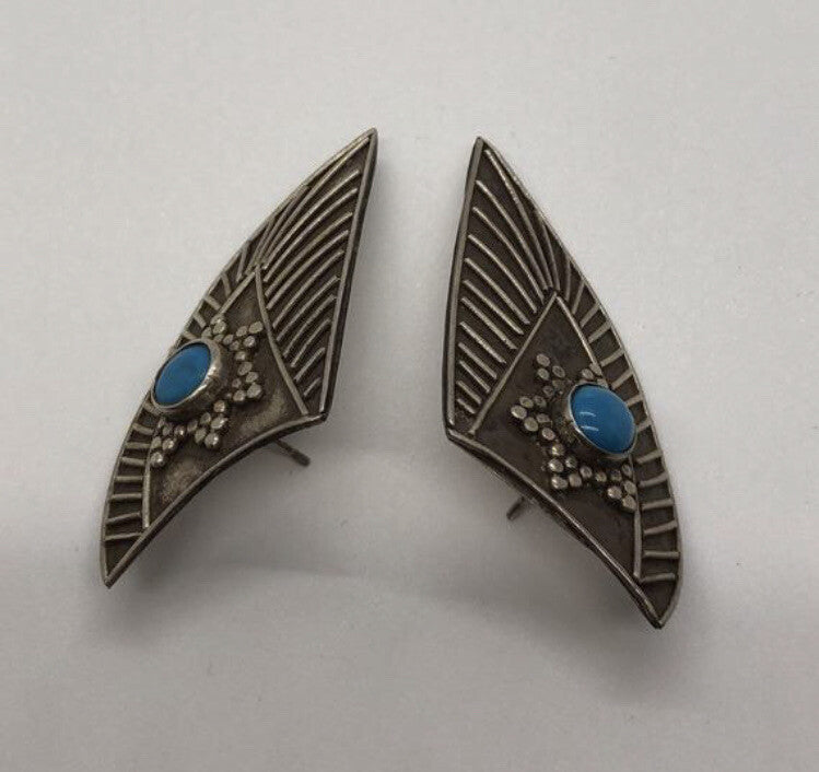 Large handmade sterling silver earring, Indonesia, unique Turquoise cabochon