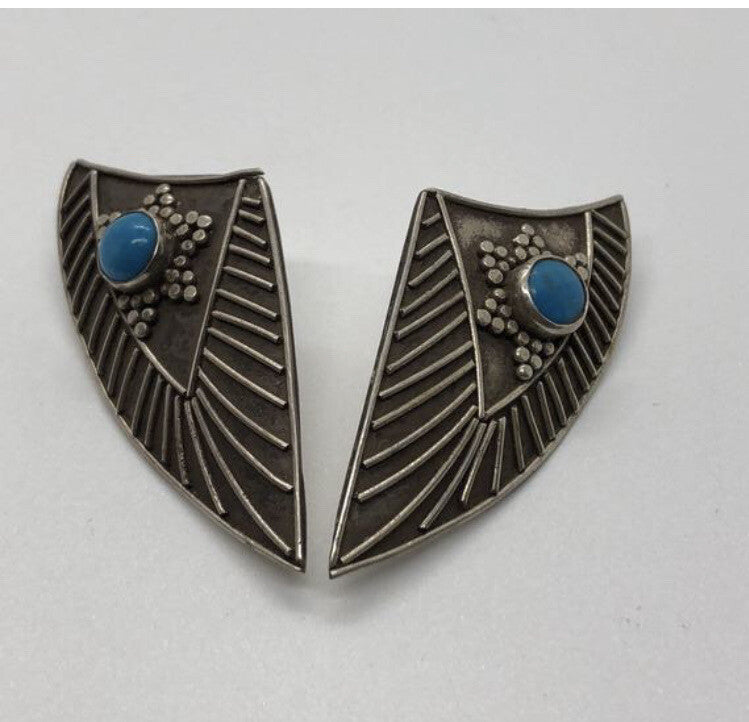 Large handmade sterling silver earring, Indonesia, unique Turquoise cabochon