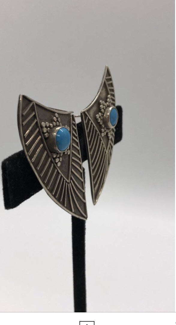 Large handmade sterling silver earring, Indonesia, unique Turquoise cabochon