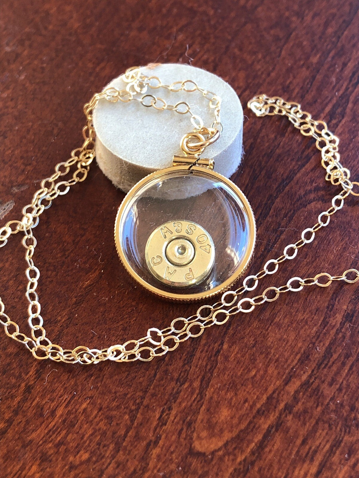 40 cal bullet necklace, back to back view locket, 14k gold filled locket-new
