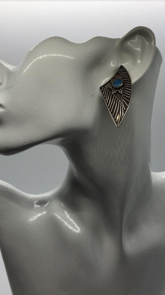 Large handmade sterling silver earring, Indonesia, unique Turquoise cabochon